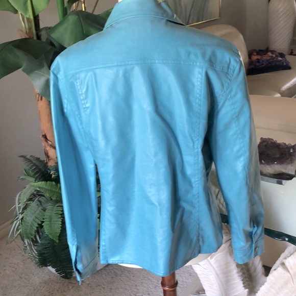 SZ L 100% COTTON JACKET (FAUX LEATHER LOOK) ZIP POCKETS TURQUOISE LIGHTWEIGHT - Picture 4 of 8